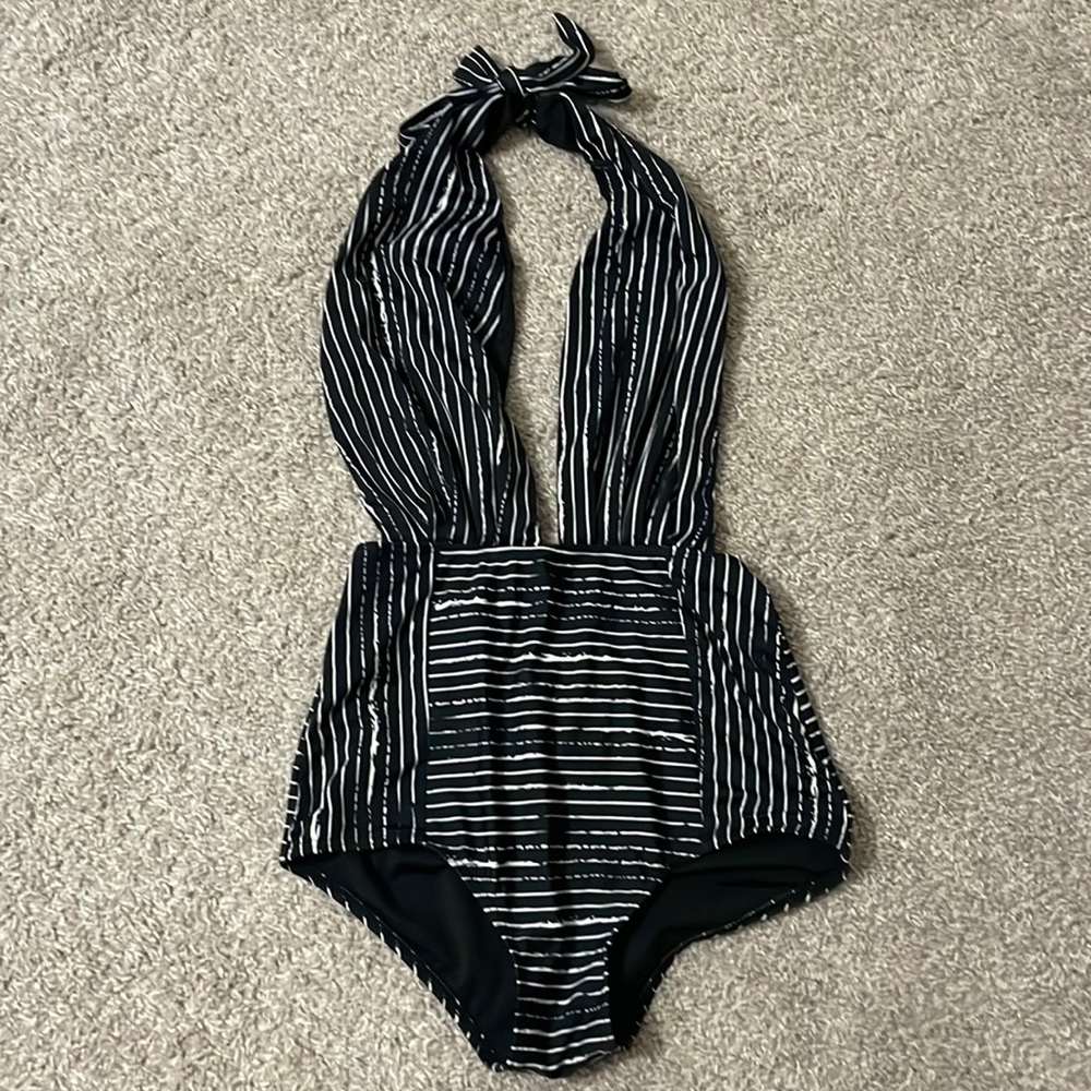 Black and White striped one piece swimsuit